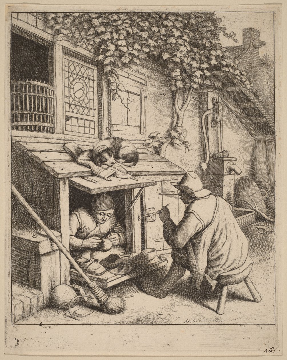 Un fumador sentado en un taburete conversando con un zapatero mientras este trabaja de Adriaen van Ostade