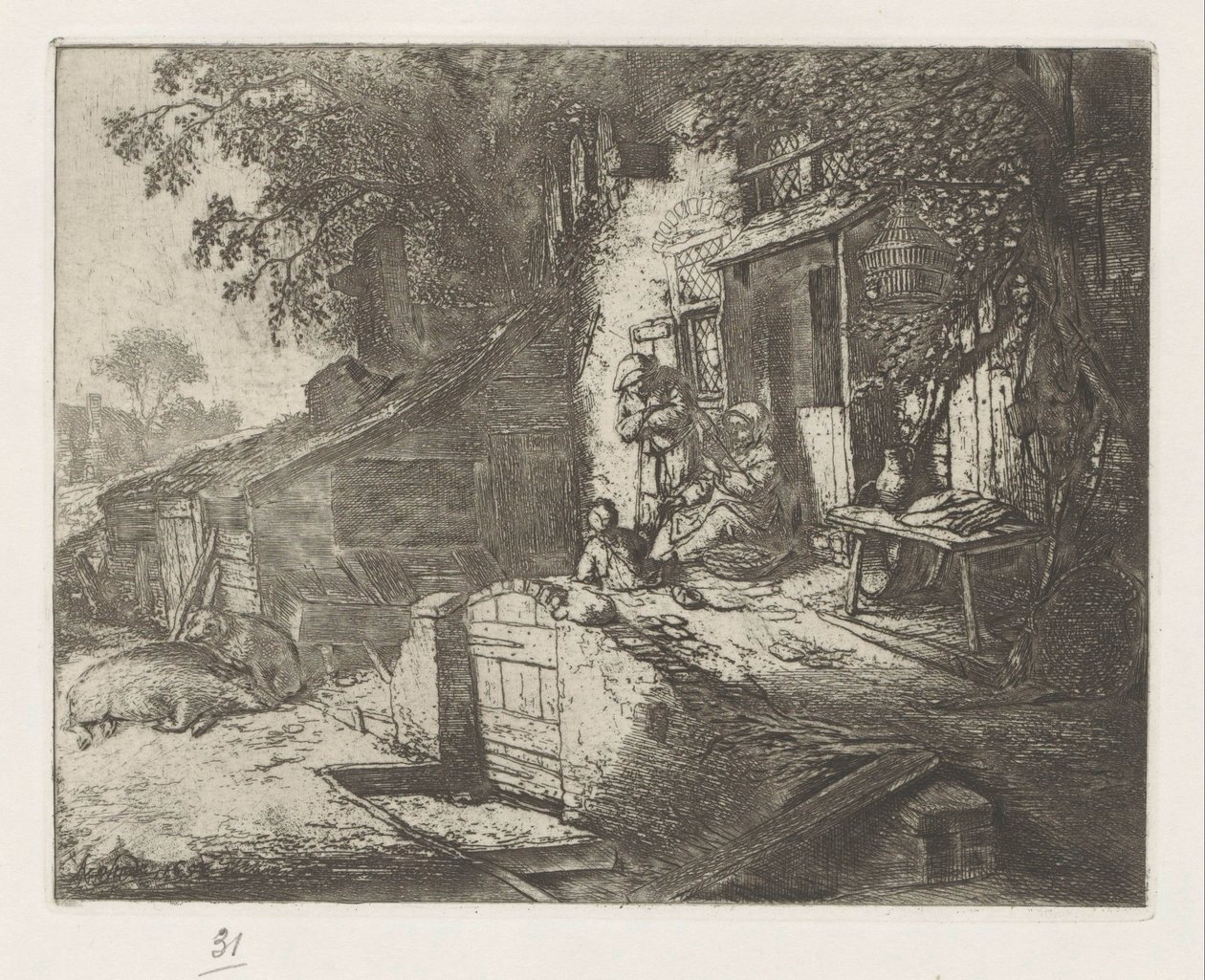 Mujer girando frente a una casa de Adriaen van Ostade