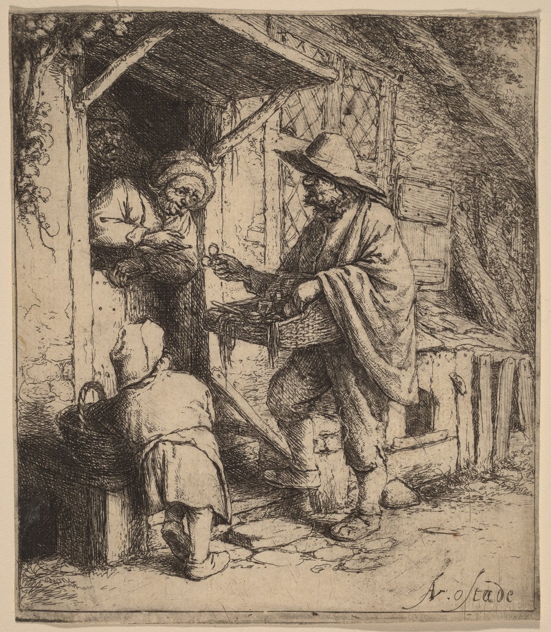 Vendedor ambulante vendiendo gafas en la puerta de Adriaen van Ostade