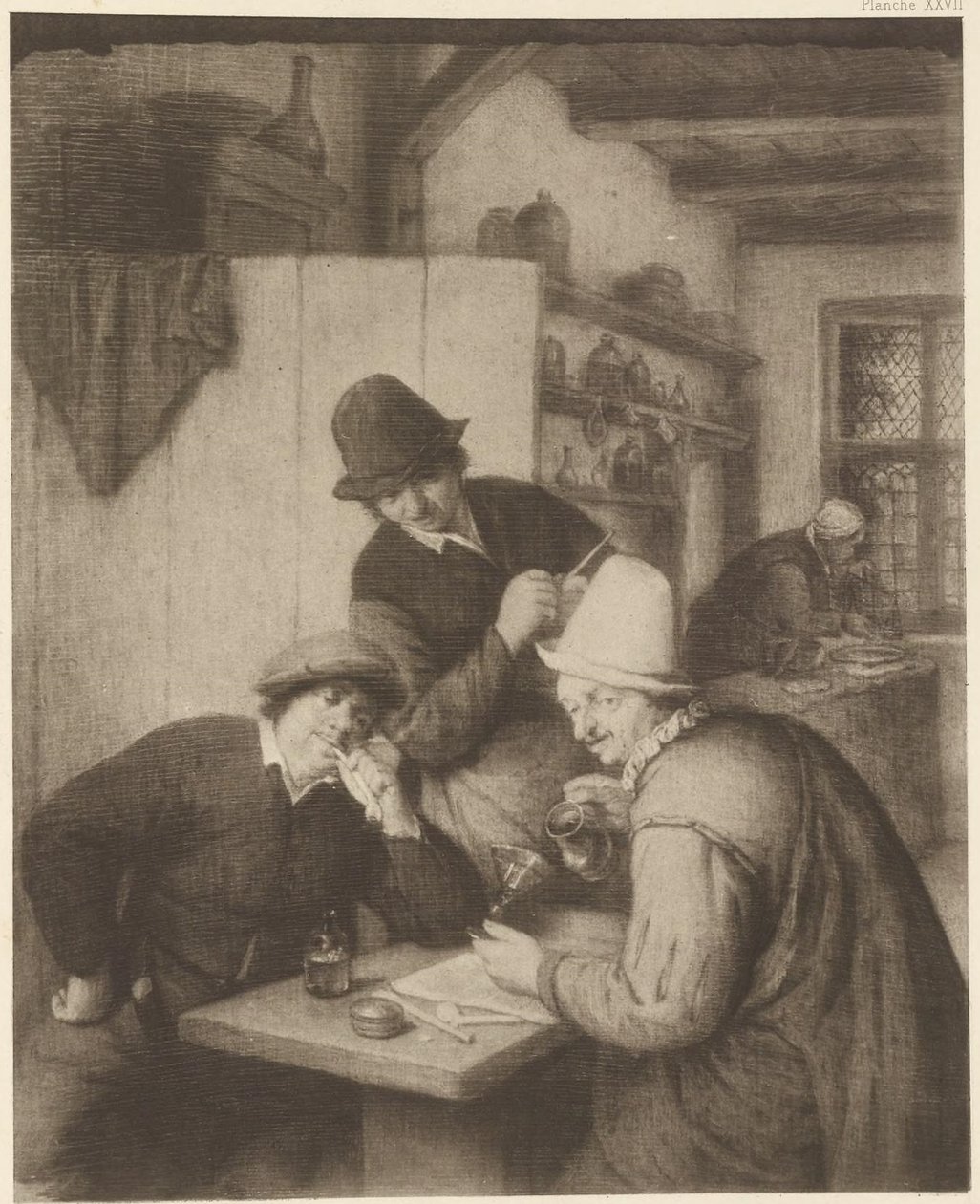Tres campesinos y una mujer a la mesa de Adriaen van Ostade