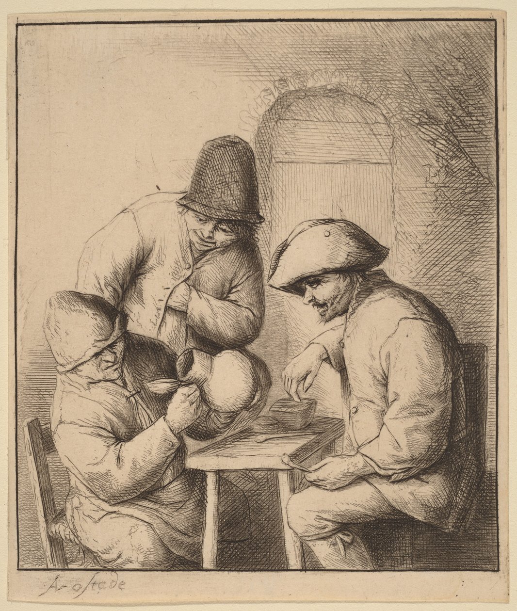 Tres campesinos en una posada, uno de ellos mirando dentro de una jarra de Adriaen van Ostade