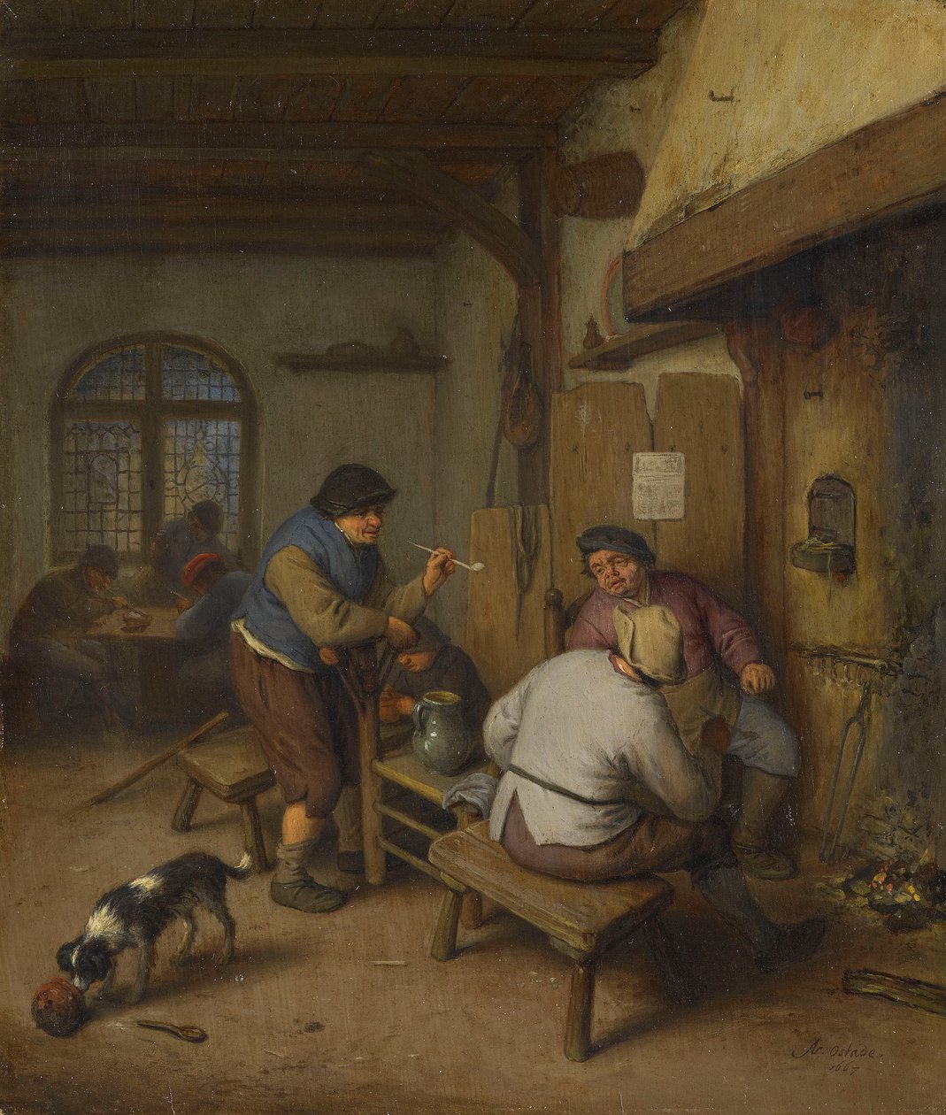 Tres campesinos en una taberna, alrededor de un fuego de Adriaen van Ostade