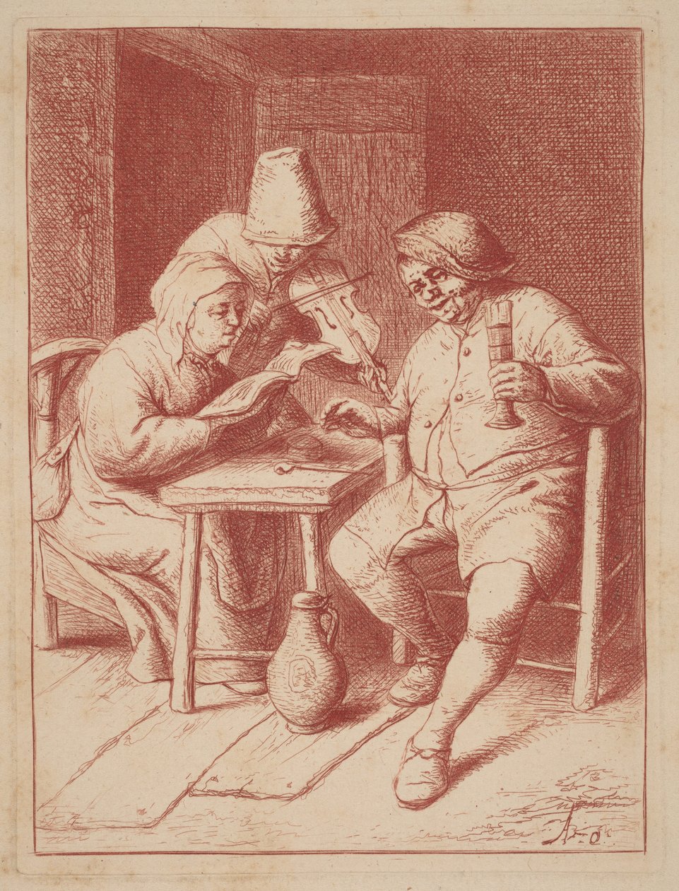 Dos cantantes y un violinista en un interior de Adriaen van Ostade