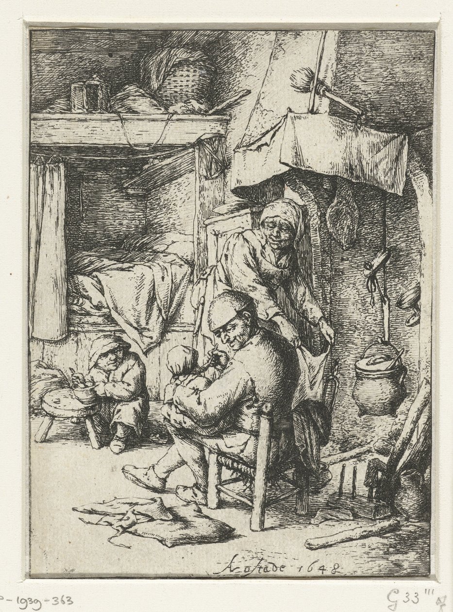 padre, con, niño, en, regazo, en, interior el hombre de familia de Adriaen van Ostade