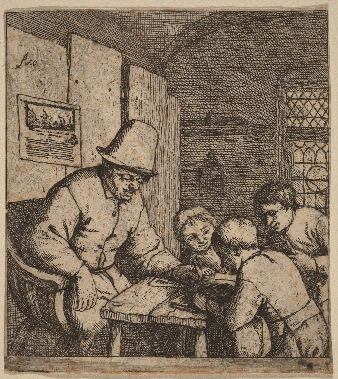 Maestro de pueblo con tres alumnos de Adriaen van Ostade