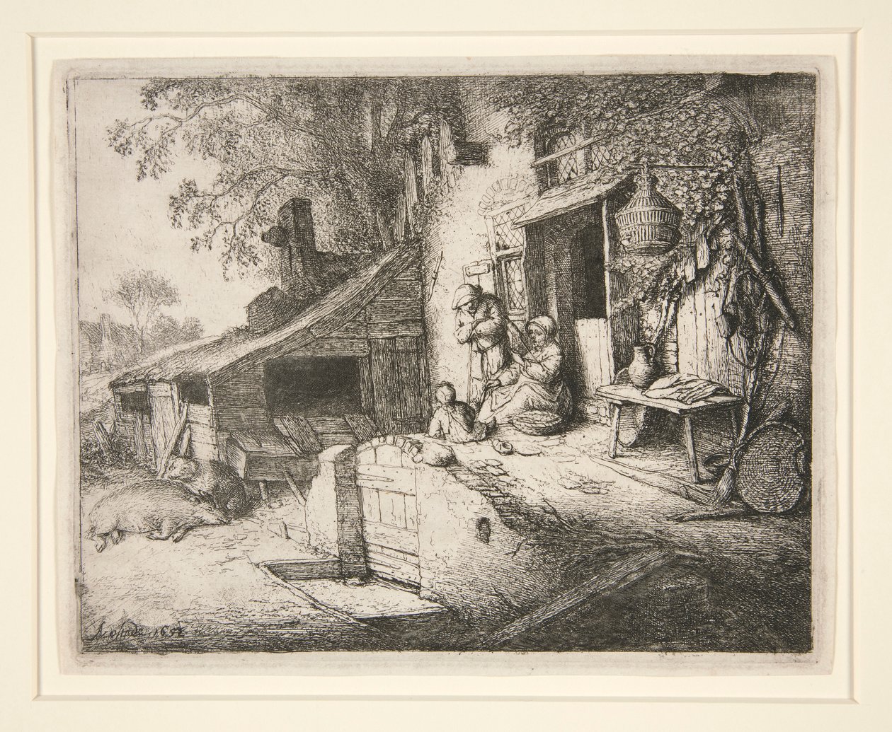 mujer, girar, en, un, cabaña, puerta de Adriaen van Ostade