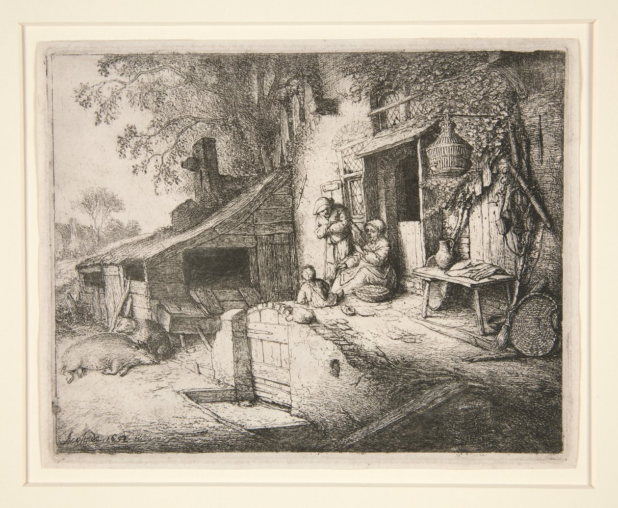 Mujer hilando en la puerta de una casita de campo de Adriaen van Ostade