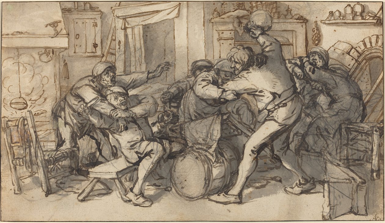 Campesinos peleando en una taberna de Adriaen van Ostade and Cornelis Dusart
