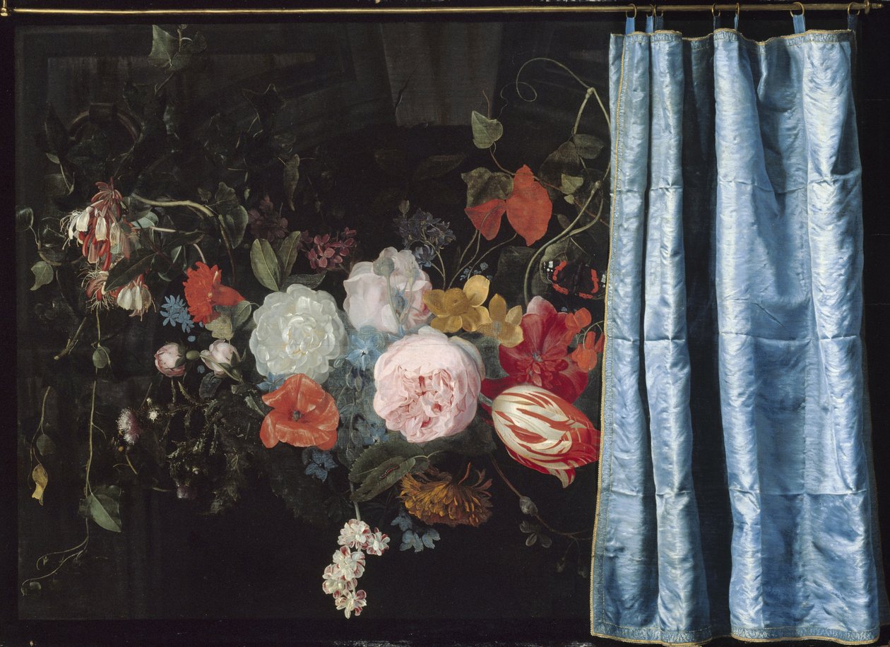 Trampantojo de naturaleza muerta con una guirnalda de flores y una cortina, 1658 de Adriaen van Spelt
