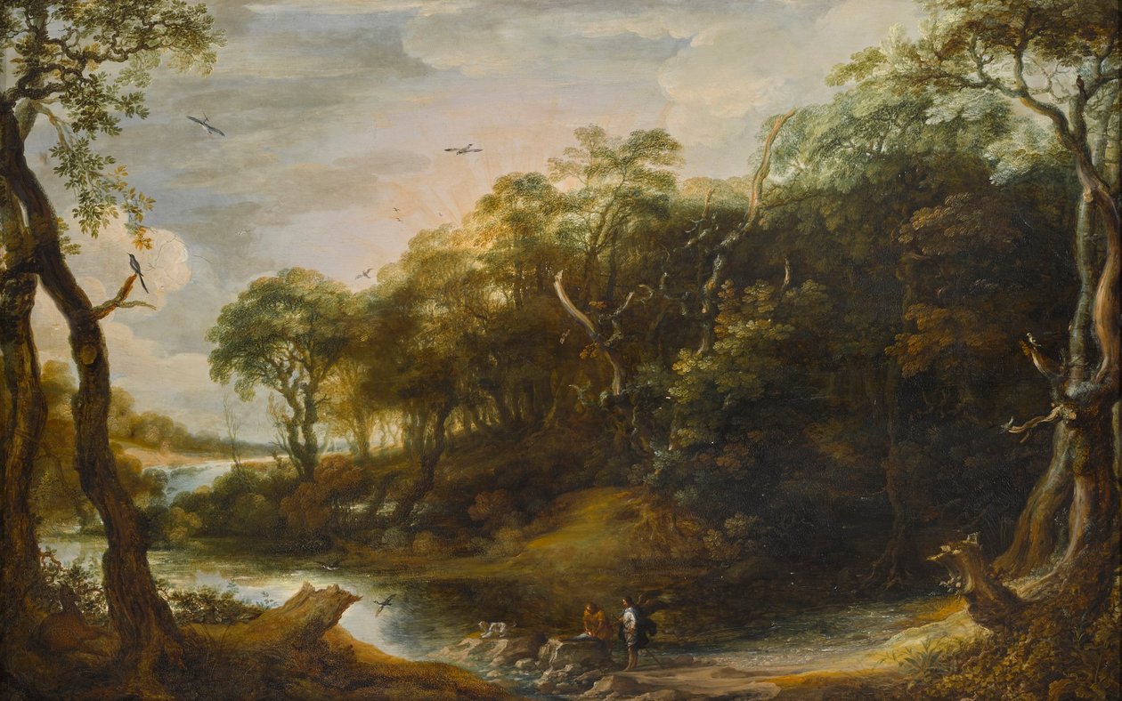 Paisaje con el ángel Rafael y Tobais que abre el pez (Tobías 6,1-5) de Adriaen van Stalbemt