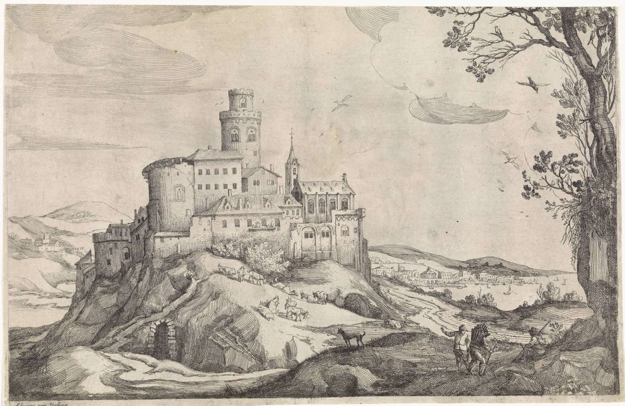 Paisaje con un castillo en una montaña de Adriaen van Stalbemt