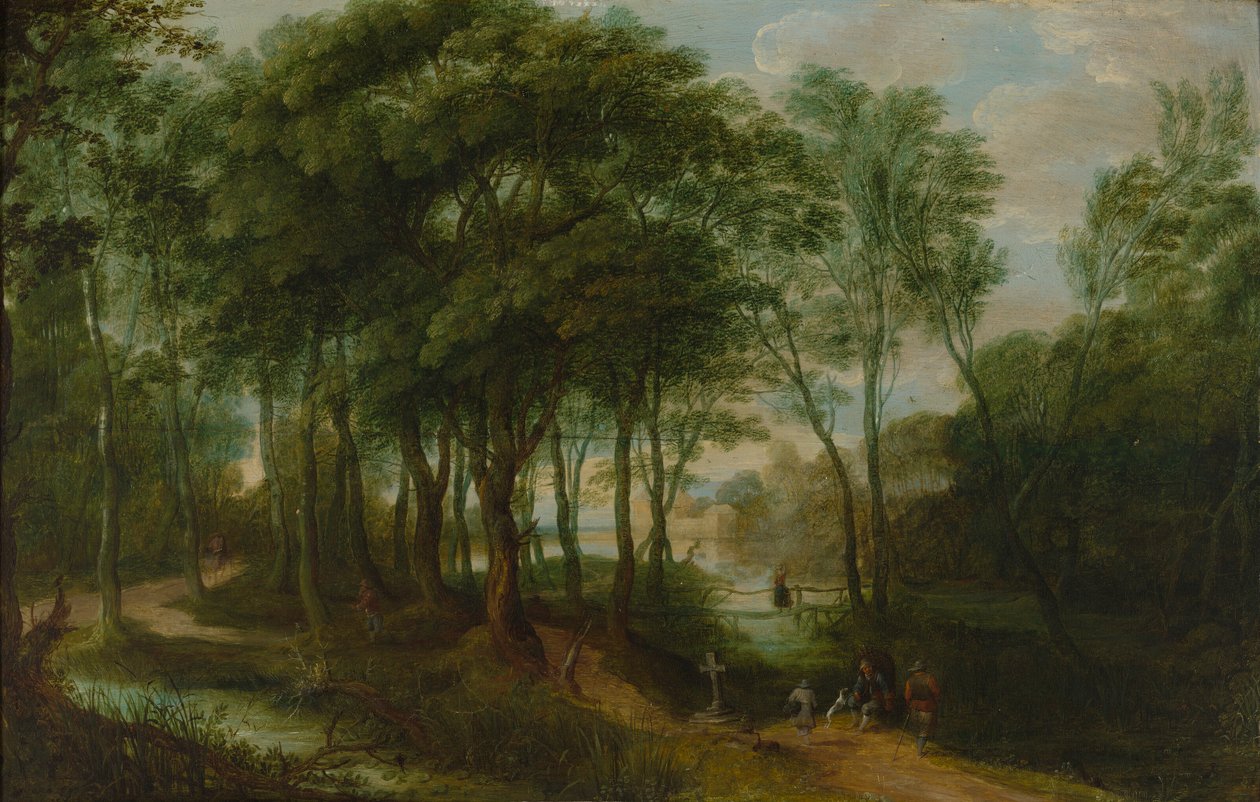 Caminantes en un sotobosque, arquitectura al fondo de Adriaen van Stalbemt