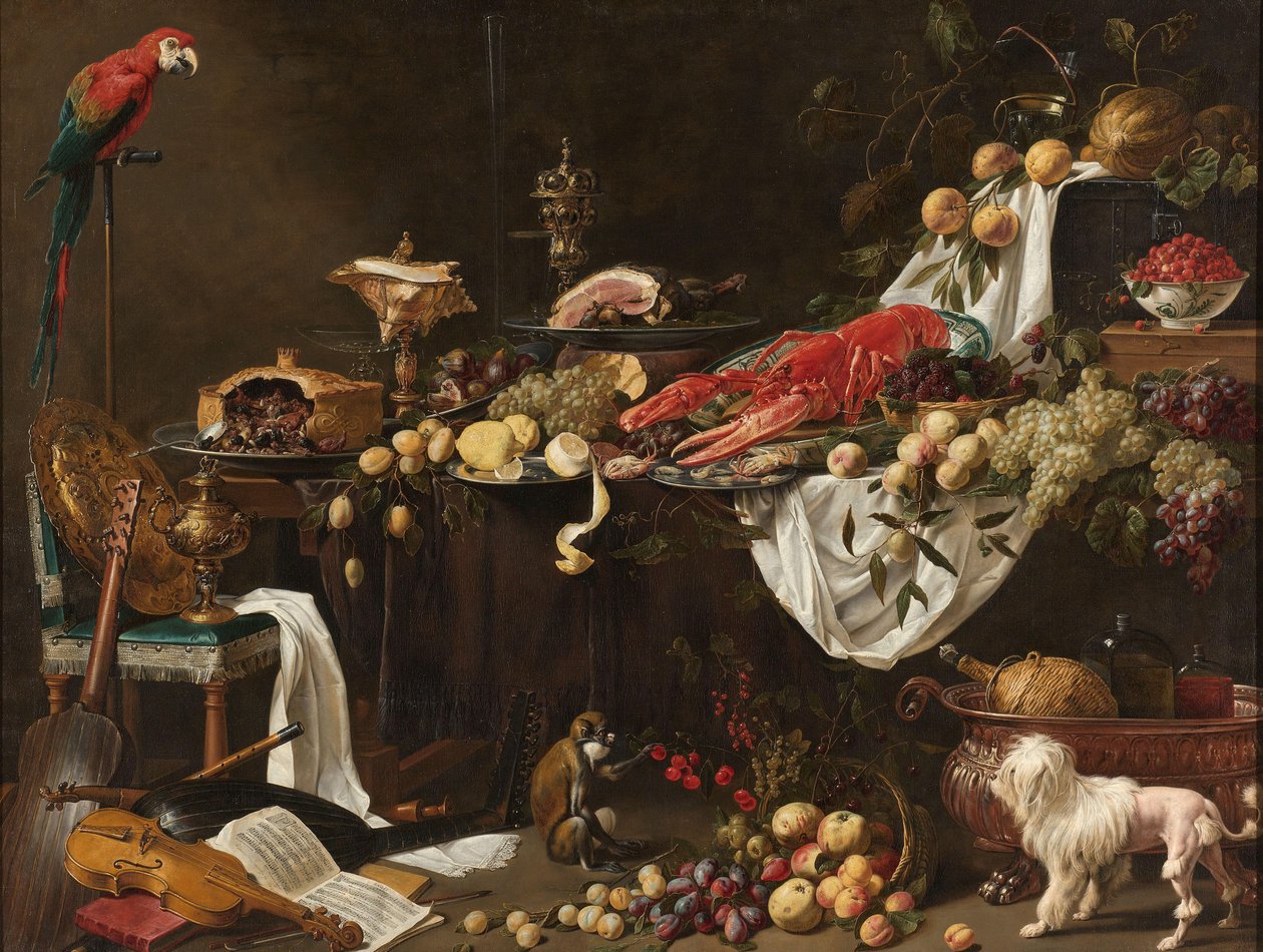 Bodegón Banquete
Bodegón Pronk con un loro, un perro y un mono de Adriaen van Utrecht