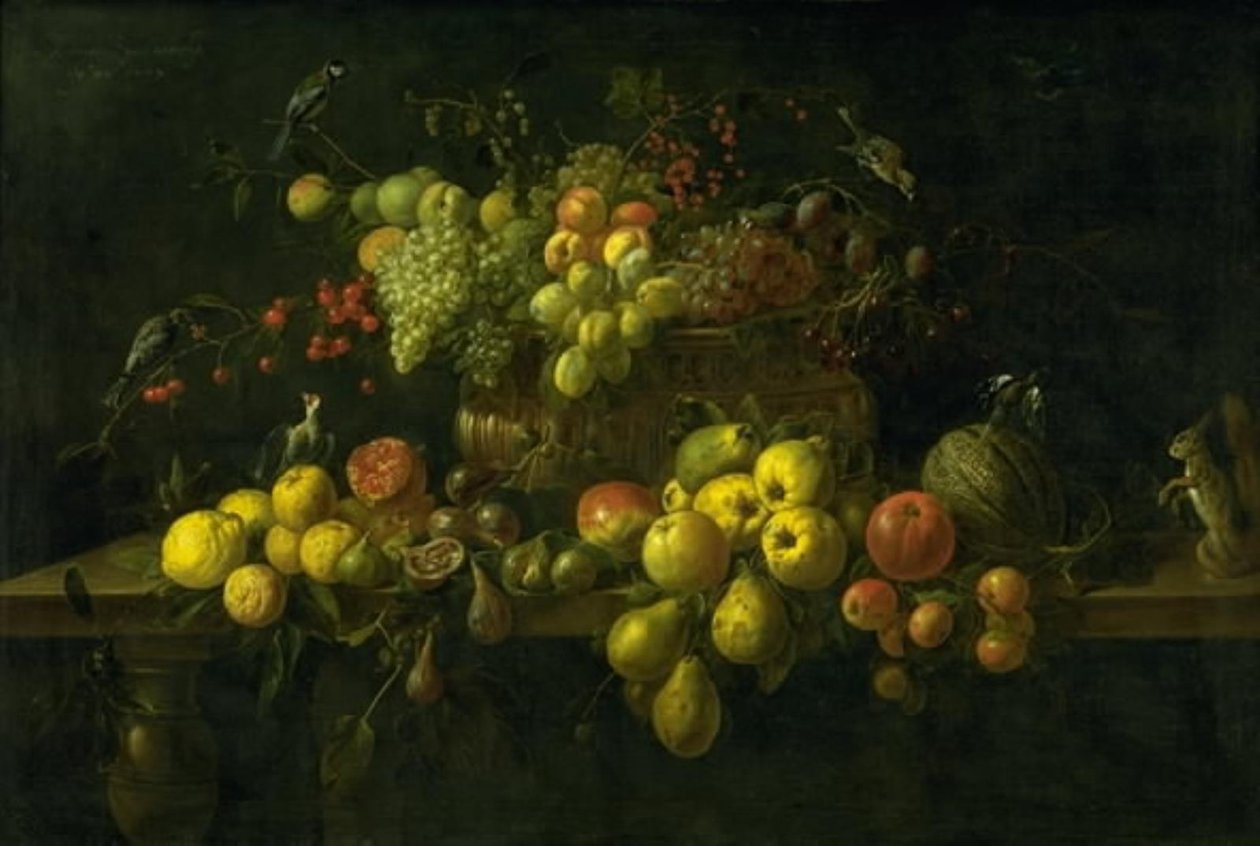 Naturaleza muerta con frutas en una mesa de Adriaen van Utrecht
