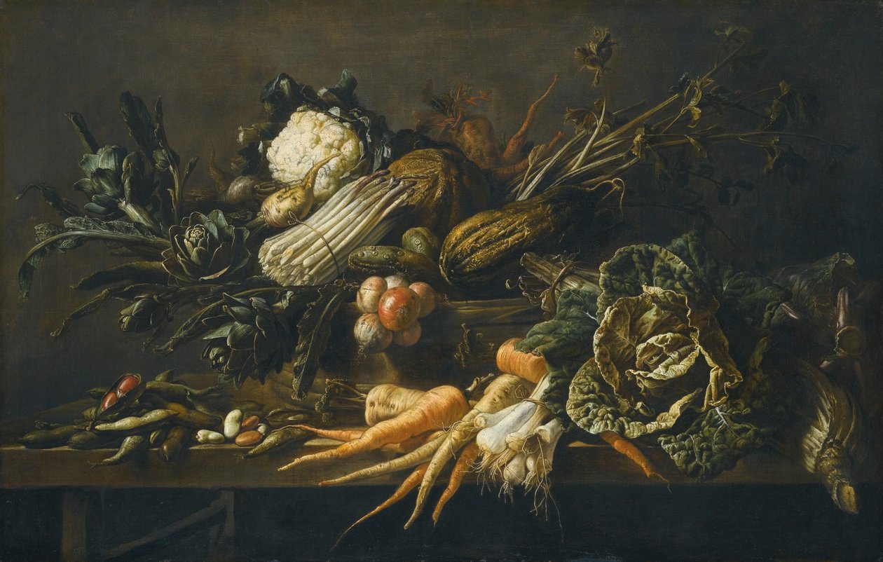 Bodegón de alcachofas, espárragos, col verde, cebollas, judías, zanahorias y otras verduras, todo sobre un banco de madera. de Adriaen van Utrecht
