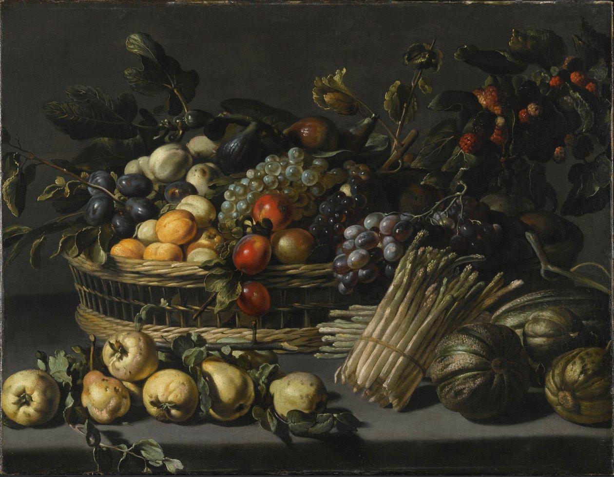 Bodegón con fruta apilada en una cesta, rodeada de membrillos, melones y espárragos en una repisa de Adriaen van Utrecht