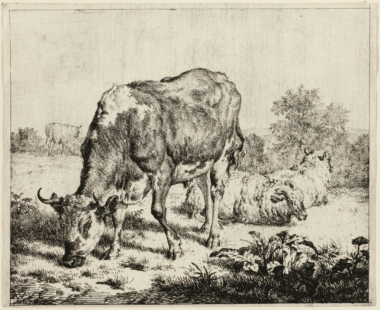 Una vaca y tres ovejas de Adriaen van de Velde
