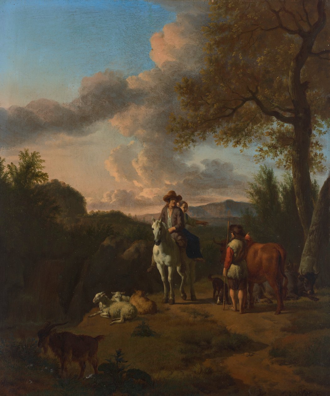 Paisaje italianizado con un hombre y una mujer montados en un caballo blanco, pidiendo indicaciones a un pastor de Adriaen van de Velde