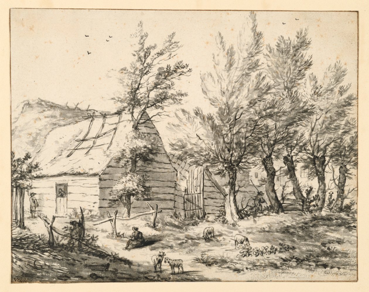 Granja detrás de una hilera de sauces desmochados de Adriaen van de Velde