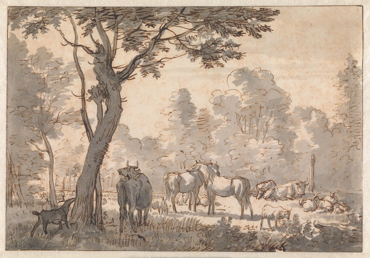 Paisaje arbolado con caballos, vacas y cabras de Adriaen van de Velde