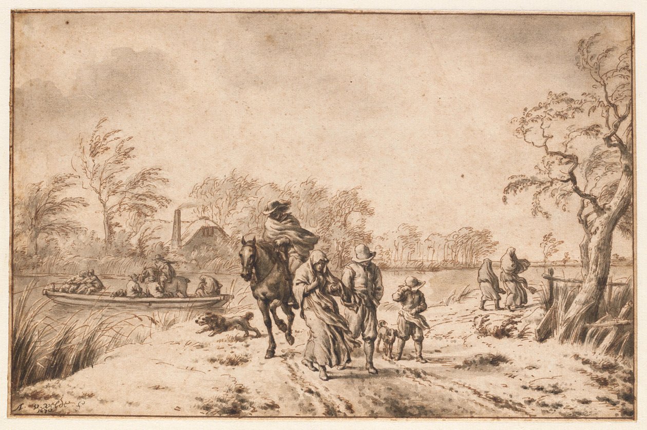 Paisaje otoñal con viajeros y transbordador de Adriaen van de Velde