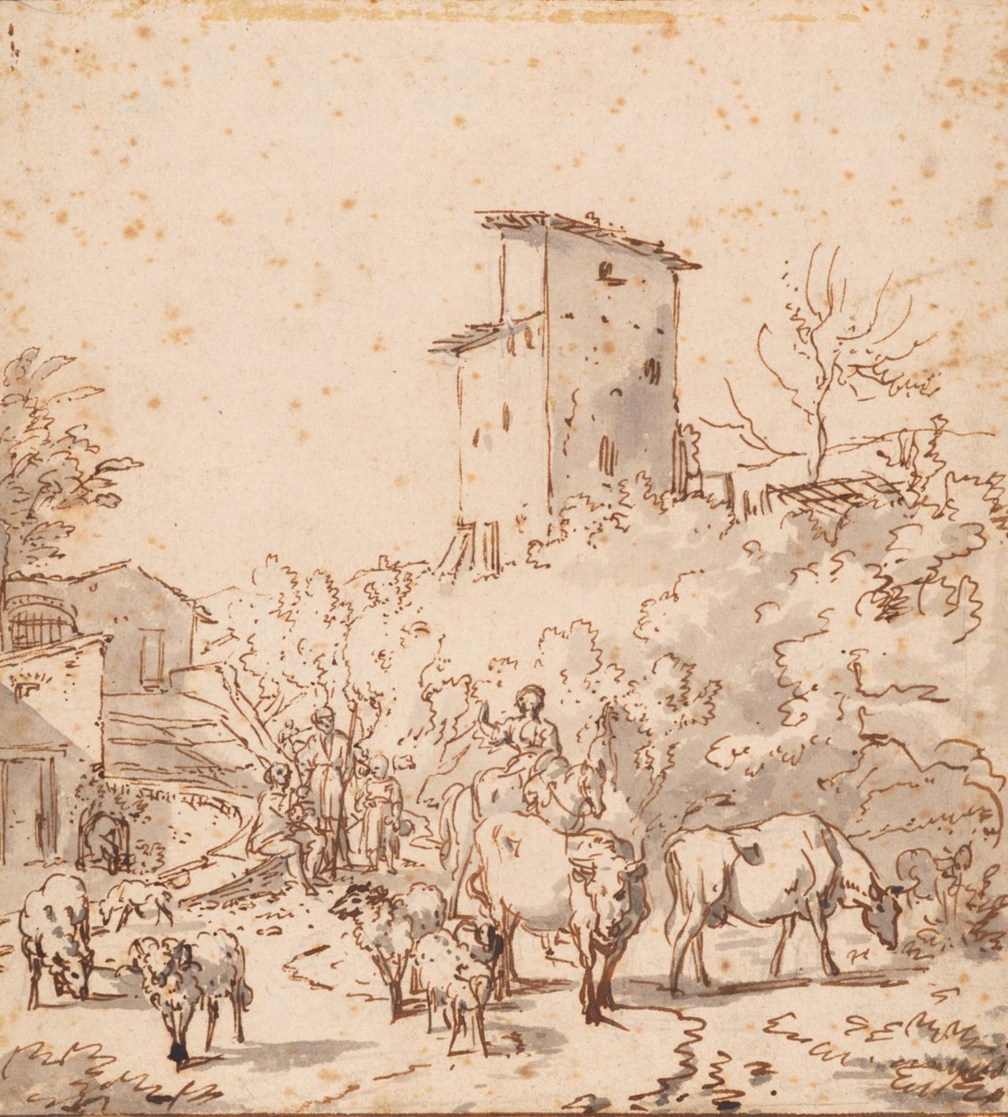 Paisaje italiano con personas y ganado de Adriaen van de Velde