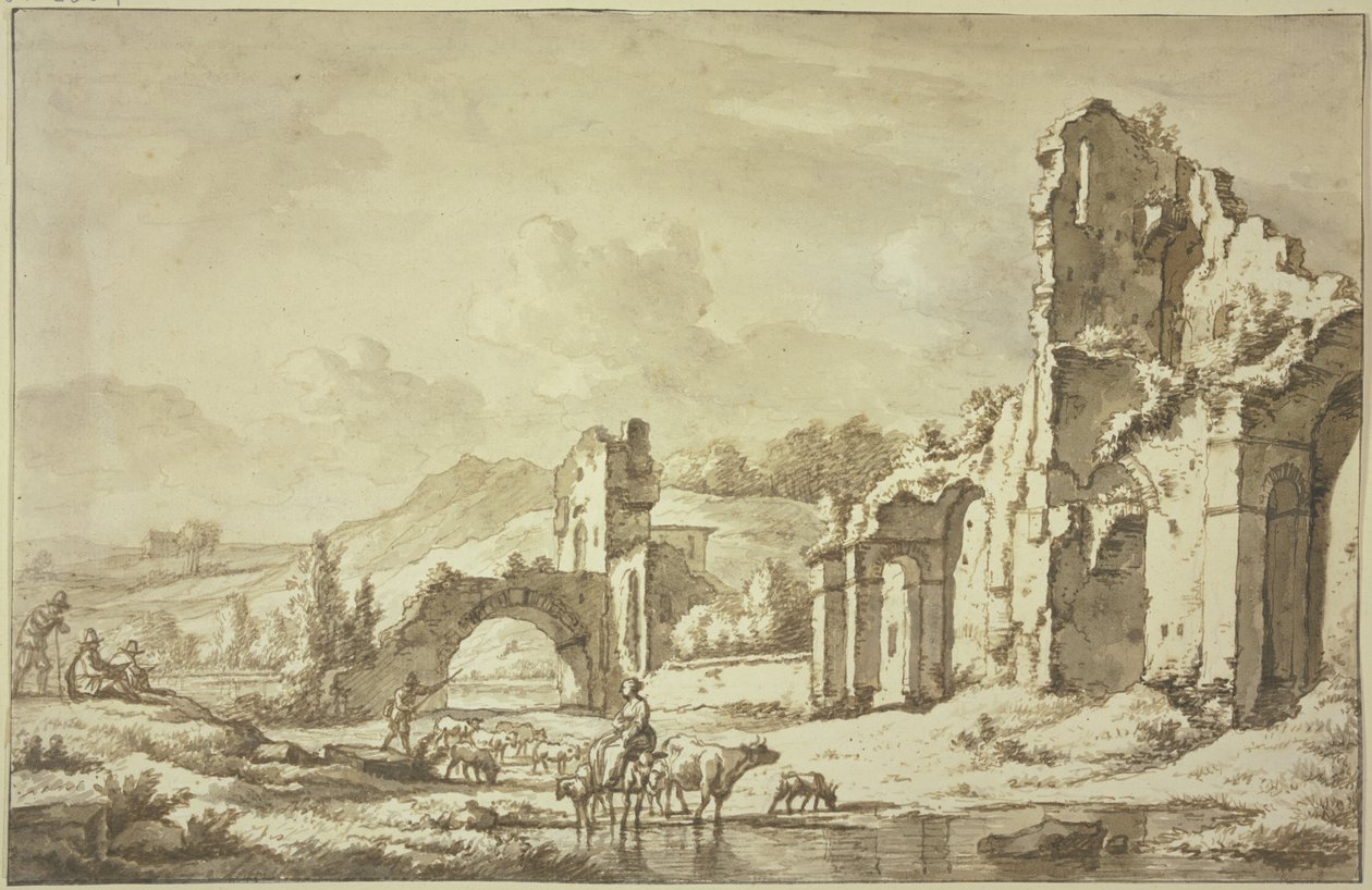 Paisaje con ruinas romanas; en primer plano, una pastora cabalga con el rebaño atravesando el agua; a la izquierda, dos pintores de Adriaen van de Velde