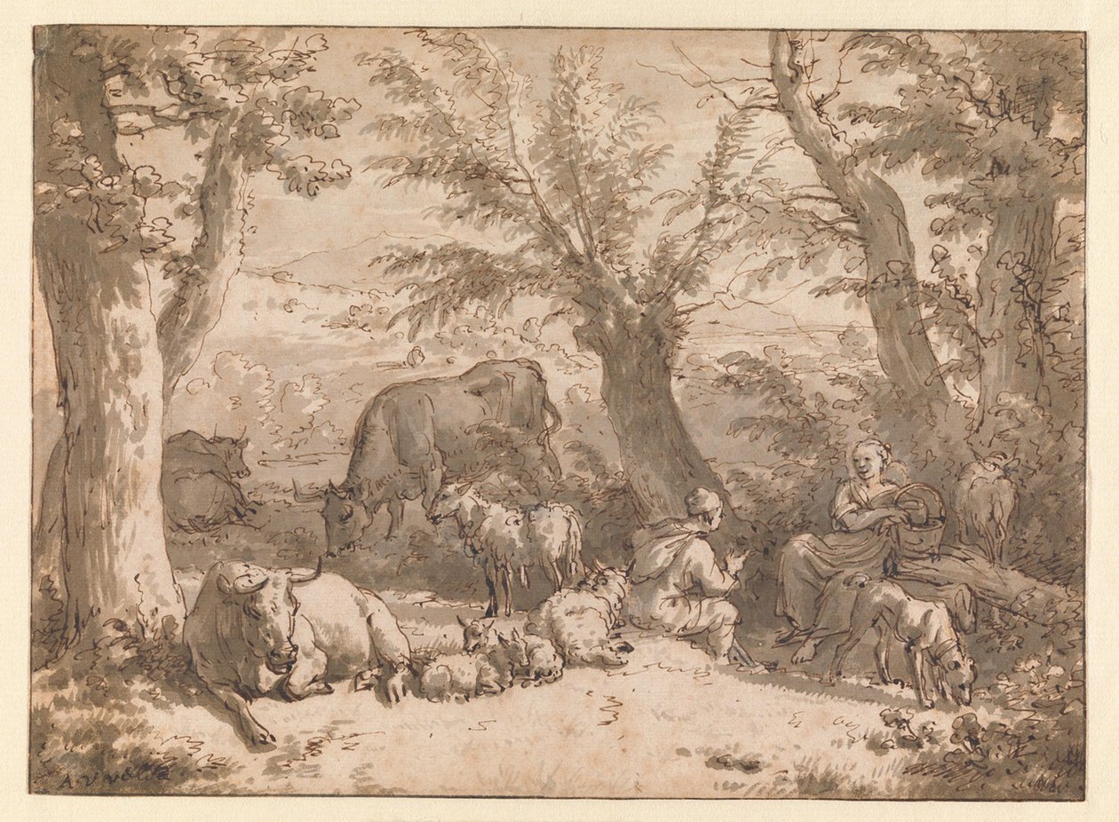 Paisaje con pastor, pastora y ganado de Adriaen van de Velde
