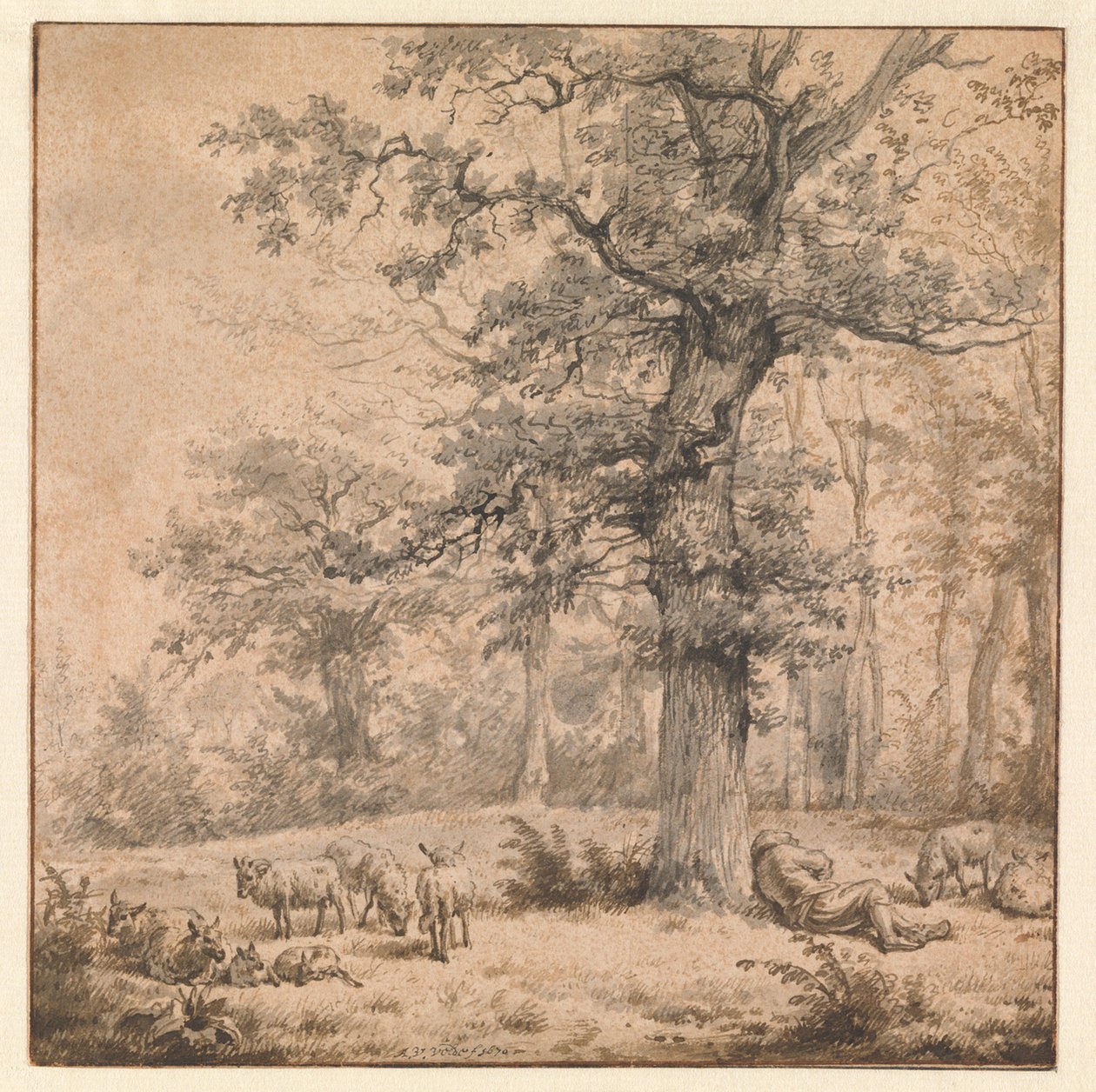 Paisaje con un pastor dormido de Adriaen van de Velde