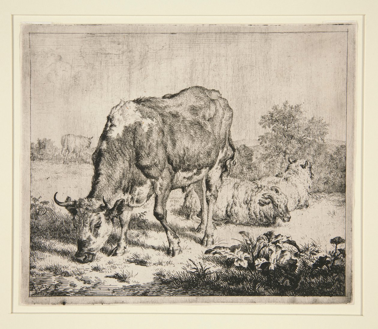 El pastel de carne y las tres ovejas de Adriaen van de Velde