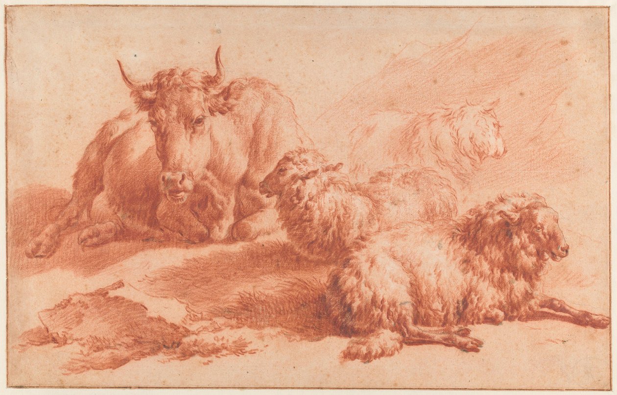 Vaca tumbada y tres ovejas de Adriaen van de Velde