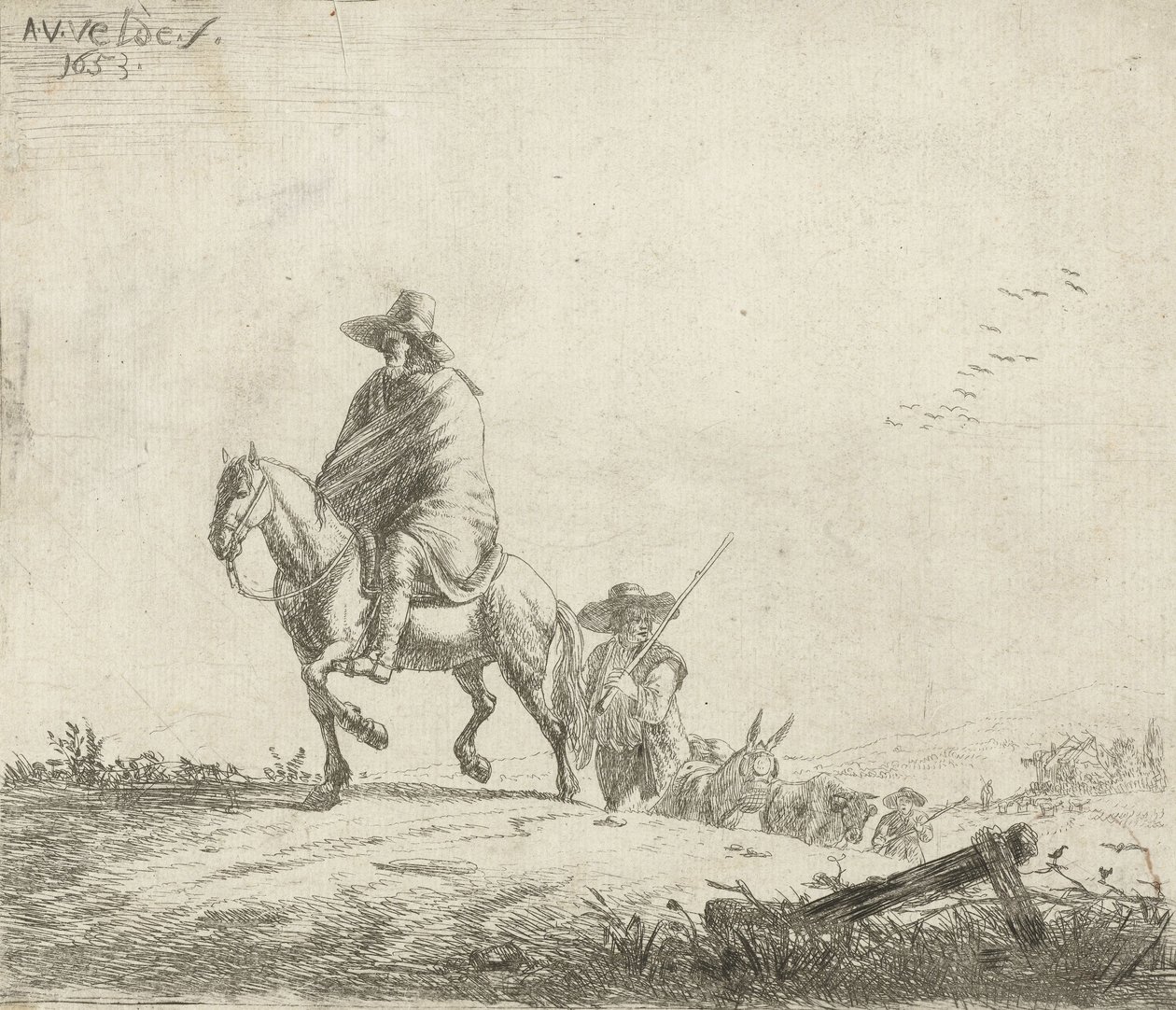 Jinete y pastor con ganado en un camino de tierra, 1653 de Adriaen van de Velde