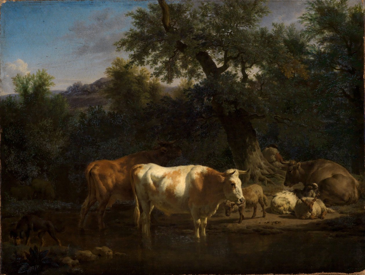 Vacas y ovejas junto al arroyo del bosque de Adriaen van de Velde