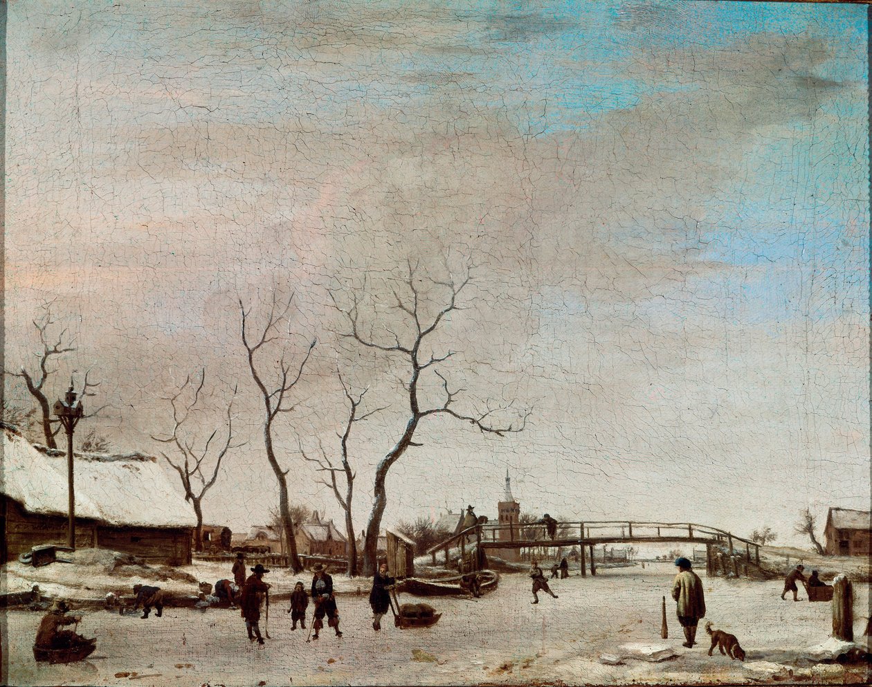 Riviere gelee con patinadores (1668) Adriaen Van de Velde le jeune (1636-1672) Dim. 23x30 cm París, Museo del Louvre de Adriaen van de Velde