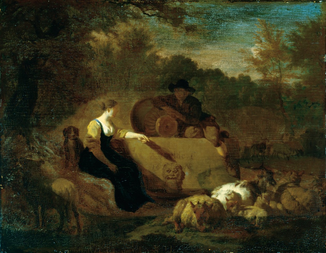 Pastor y pastora con su rebaño junto a un pozo de Adriaen van de Velde