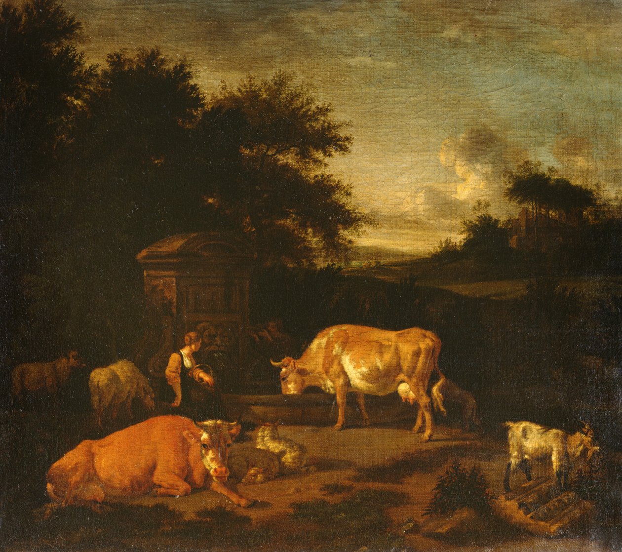 Pastora y un arriero con sus rebaños junto a una fuente clásica en un paisaje boscoso de Adriaen van de Velde
