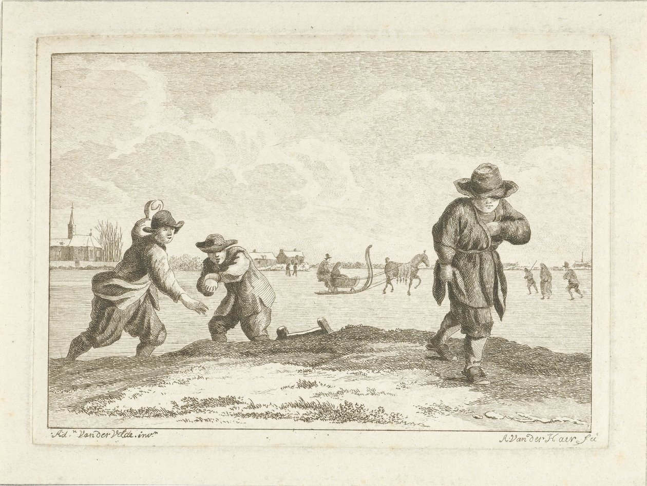 Lanzadores de bolas de nieve, grabado por Anthonij van der Haer, c.1745-85 de Adriaen van de Velde