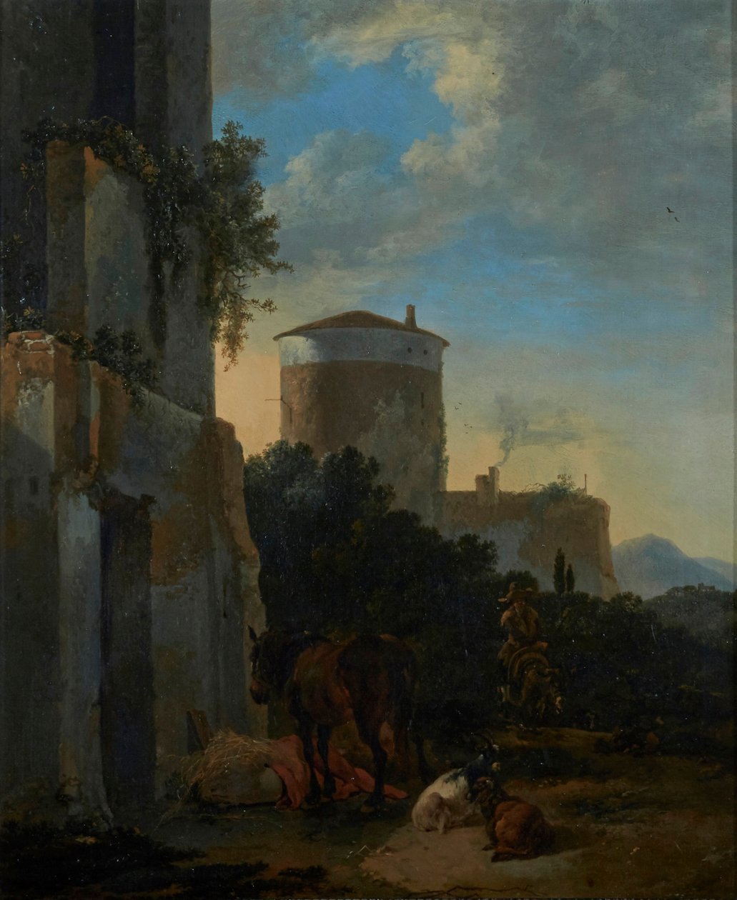 Una calle de pueblo italiana con un caballo, cabras y un hombre en un burro de Adriaen van der Cabel