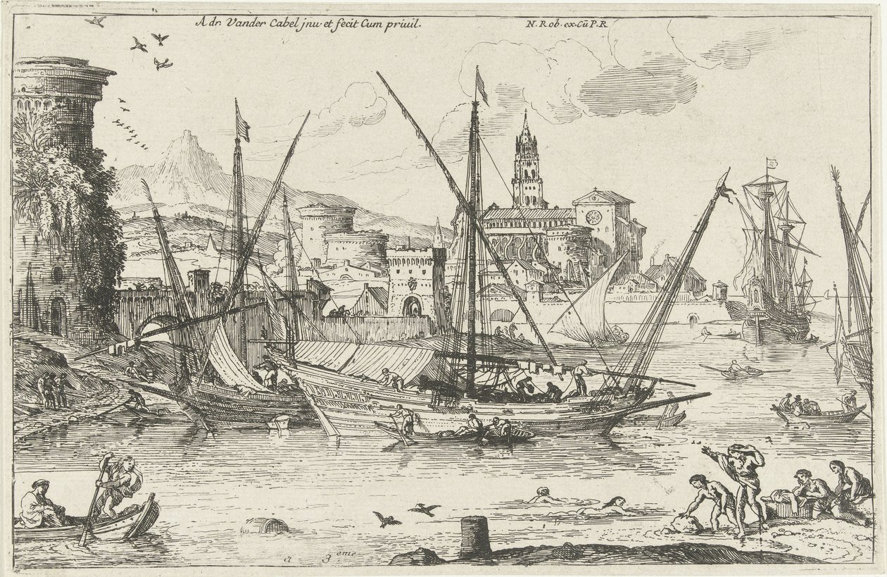 Puerto Vista al puerto en el sur Paisajes, serie dos (título de la serie) de Adriaen van der Kabel