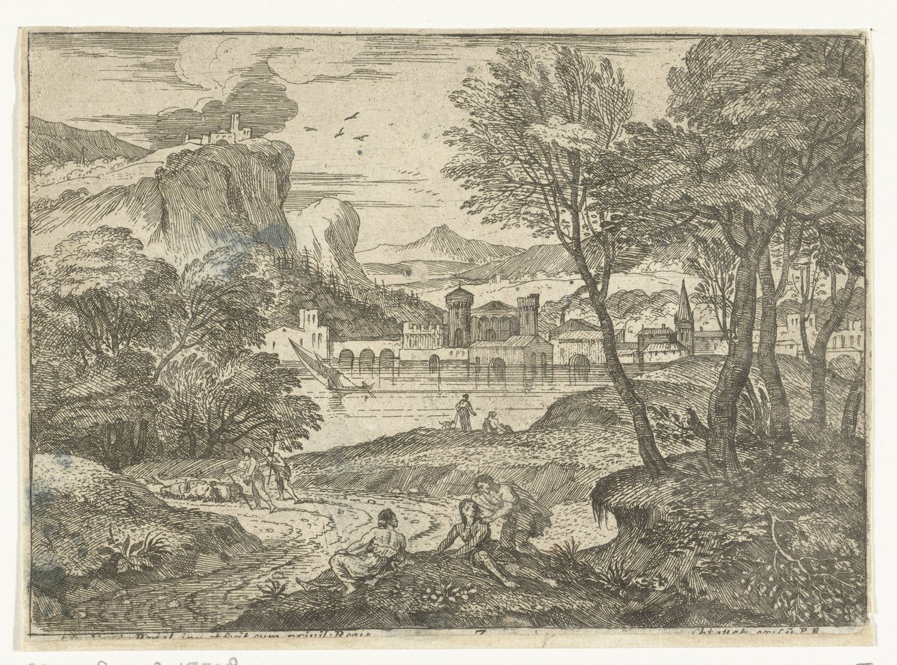 Paisaje con tres personas a lo largo del camino. El hombre y las dos mujeres bajo la sombra de los árboles. Paisajes, serie ocho (título de la serie) de Adriaen van der Kabel