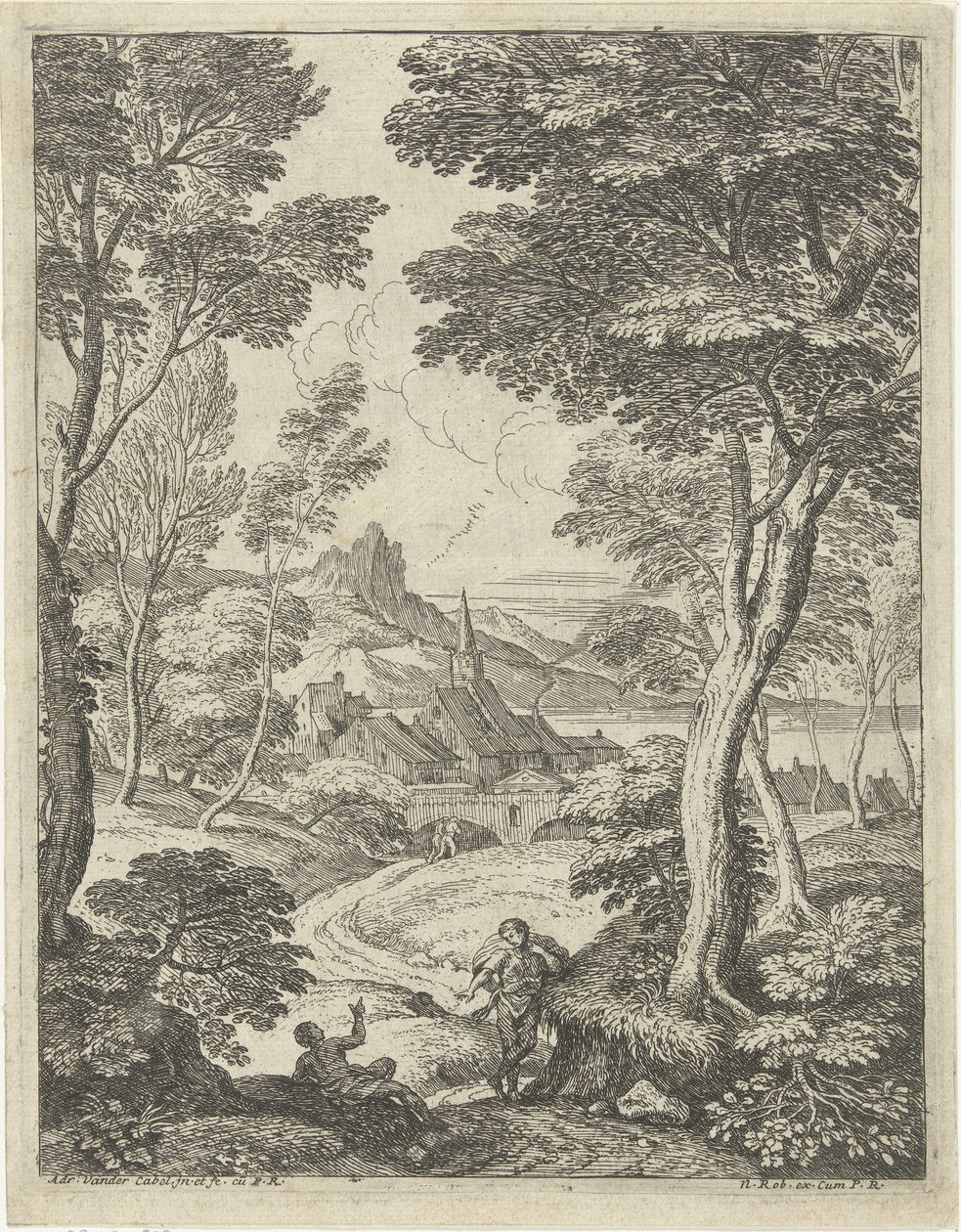 Paisaje con una torre puntiaguda Paisajes con pastores (título de serie) de Adriaen van der Kabel