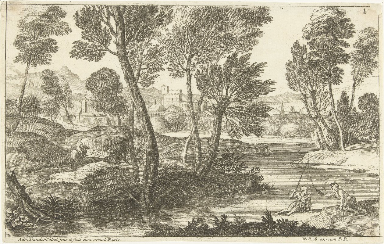Paisaje con dos pescadores los dos pescadores Paisajes, serie tres (título de la serie) de Adriaen van der Kabel