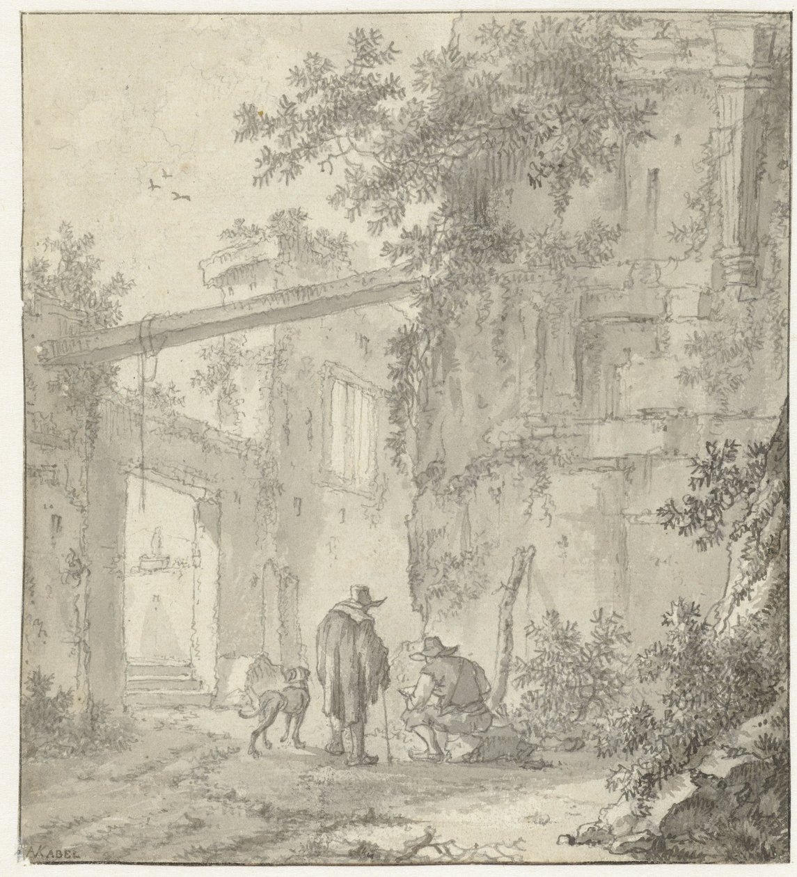 Vista de ruinas antiguas con un dibujante, su compañero y un perro de Adriaen van der Kabel