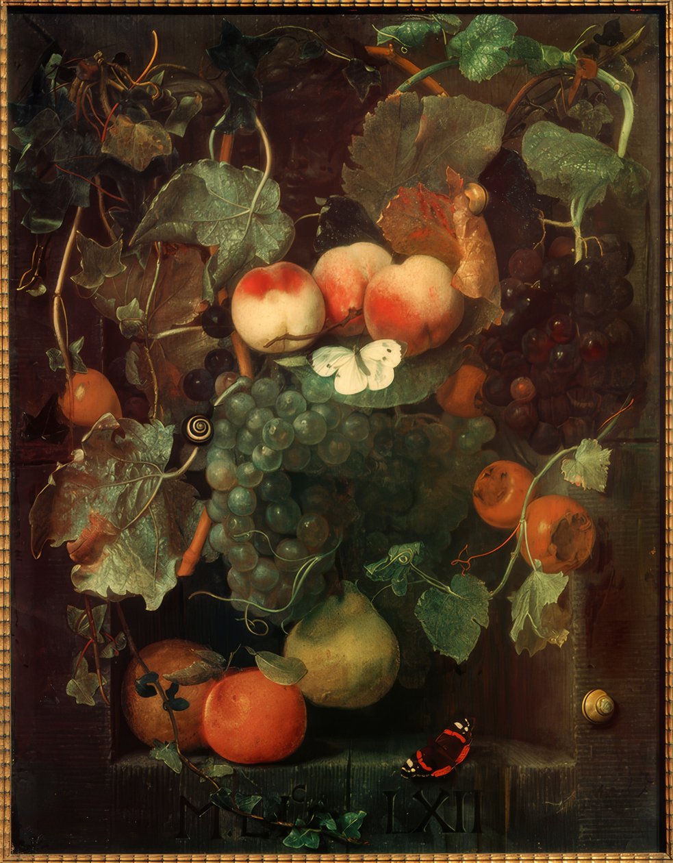 Naturaleza muerta con frutas, mariposas y caracoles de Adriaen van der Spelt