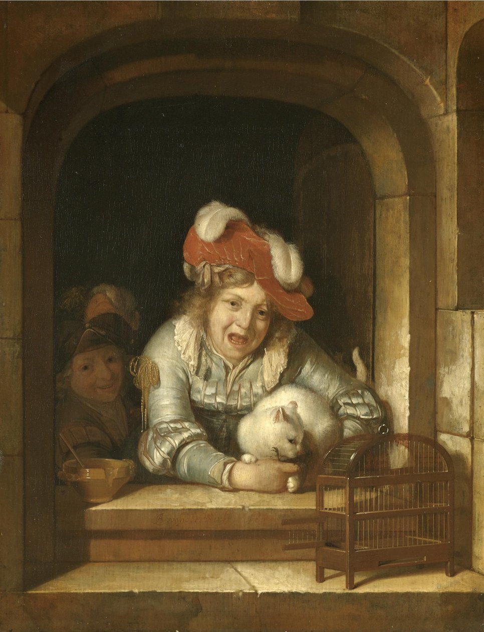 Dos niños juegan con un gato que tiene un pájaro en las fauces de Adriaen van der Werff
