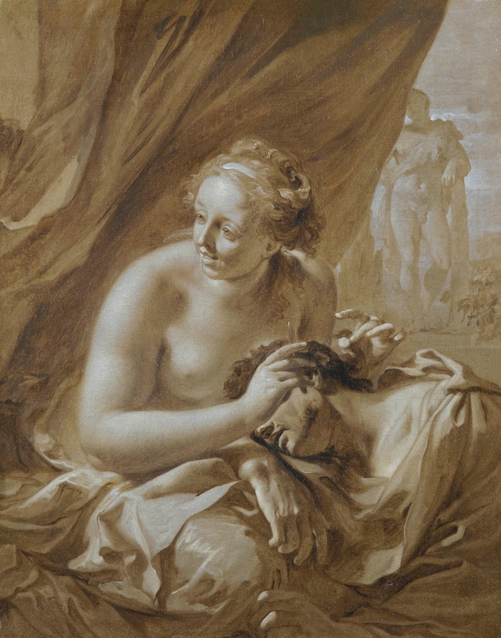 Mientras Sansón duerme en el regazo de Dalila, ella hace señas a sus enemigos para que se acerquen y le corten el pelo (Jueces 16:19) de Adriaen van der Werff