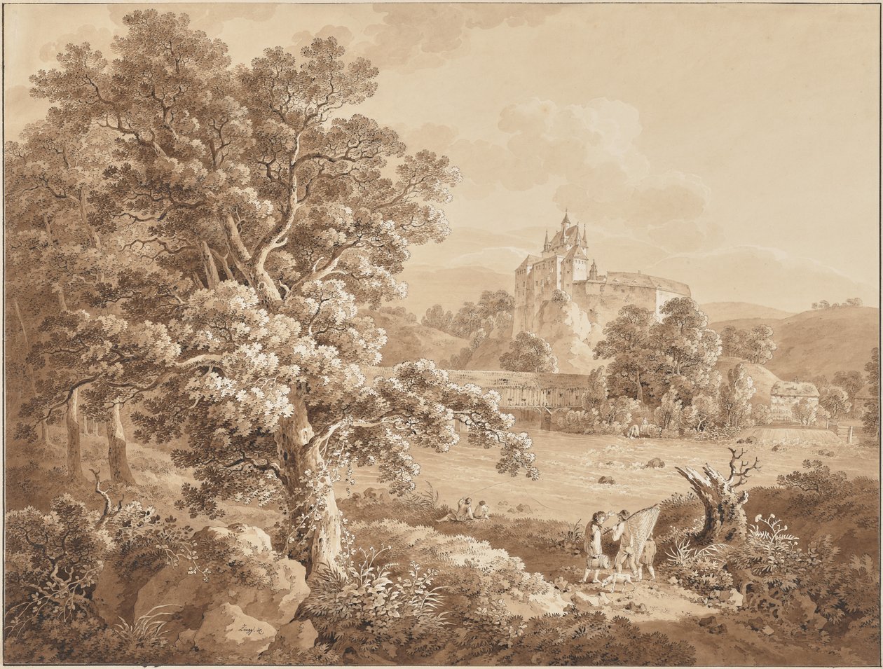 Pescadores en el río Zschopau junto al castillo de Kriebstein, Sajonia de Adrian Zingg
