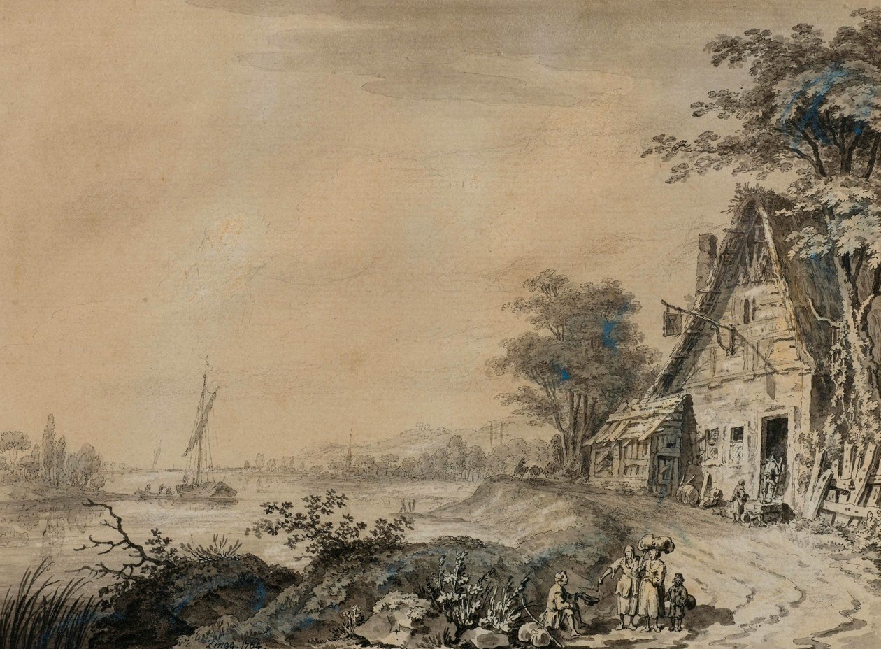 Paisaje fluvial con figuras junto a una posada de Adrian Zingg