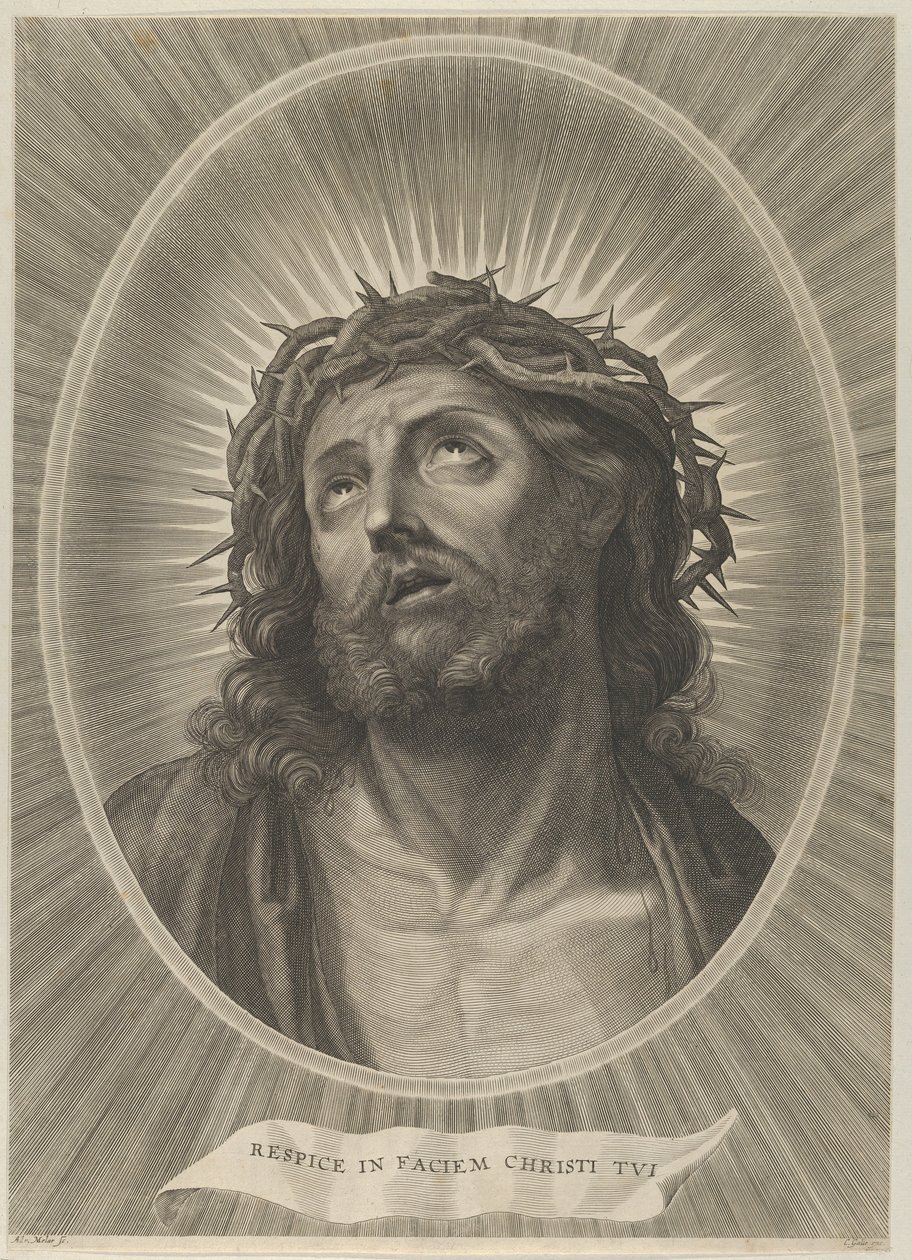 Cabeza de Cristo mirando hacia arriba con corona de espinas, en un marco ovalado, después de Reni, ca. 1653-67 de Adrian van Melar