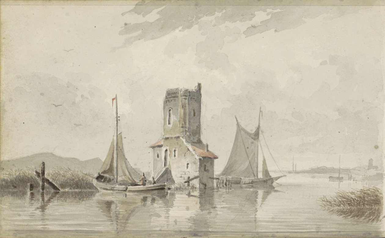 Paisaje fluvial con una torre de Adrianus Eversen
